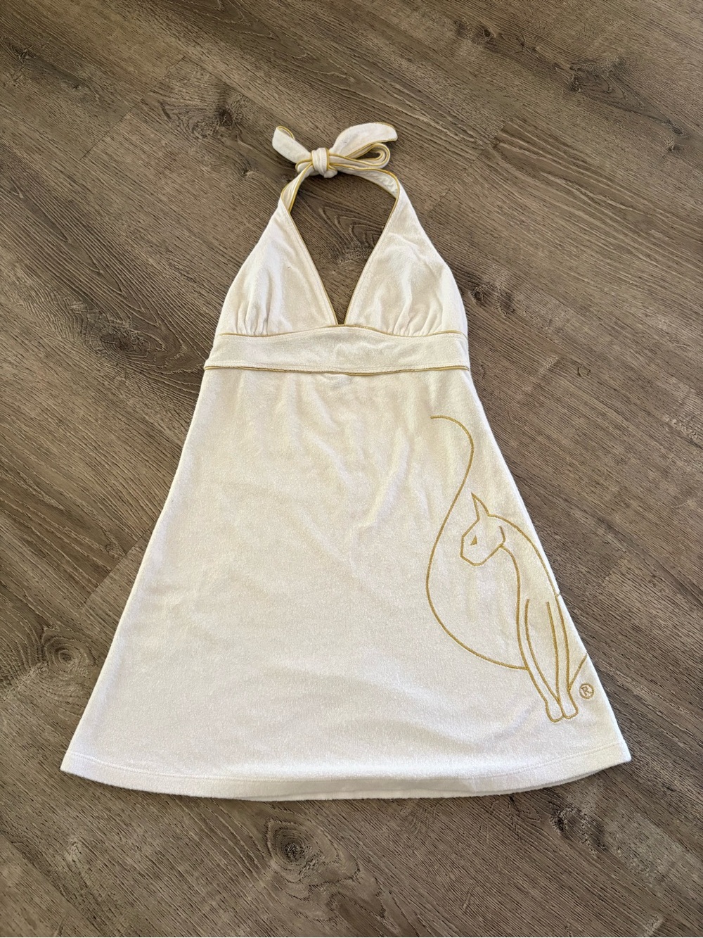 Y2K Baby Phat White Halter Swim Coverup with Gold Cat Outline